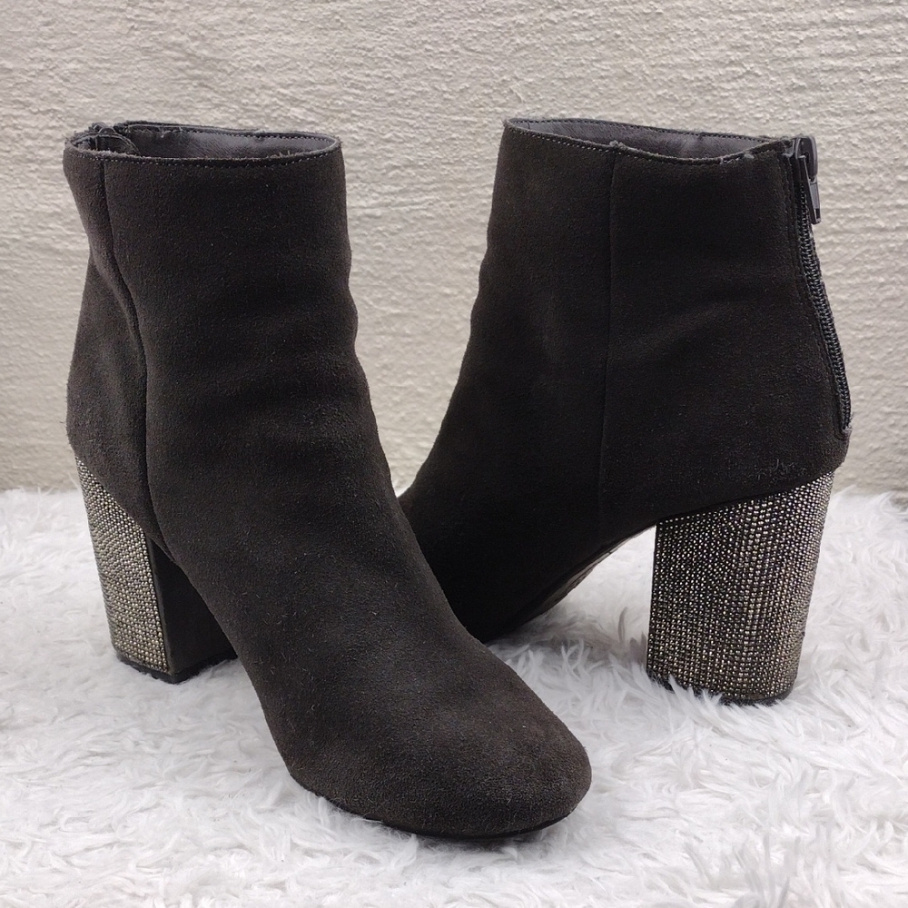 Reaction Kenneth Cole Carlyn Dark Grey Rhinestone High Heel Zip Back Ankle Boot